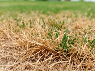 Close-up of dry, dead grass, a mix of brown and few green blades, indicating damage or drought.