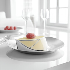 Elegant dessert presentation: a wedge of white cake with a raspberry topping served on a white plate with wine glasses in a bright, minimalist setting.