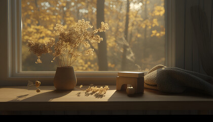 Sunlight streams through a window, illuminating dried flowers in a vase and wooden objects on a windowsill.