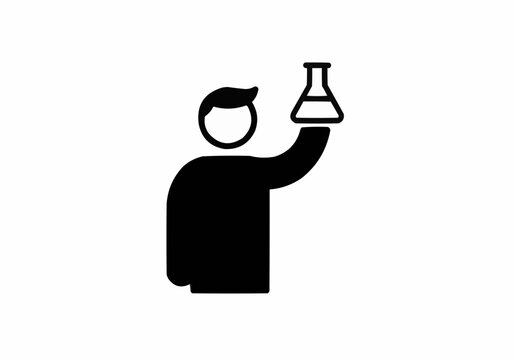 A person holding a flask up in the air with their right hand in a black and white simple drawing