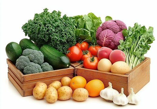 fresh vegetables in wooden crate with clean white background highlighting farm-to-table produce