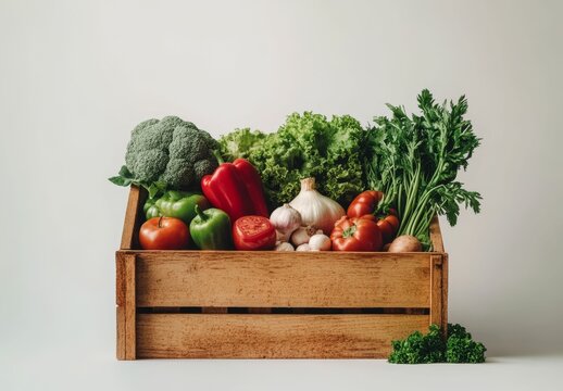 fresh vegetables in wooden crate with clean white background highlighting farm-to-table produce