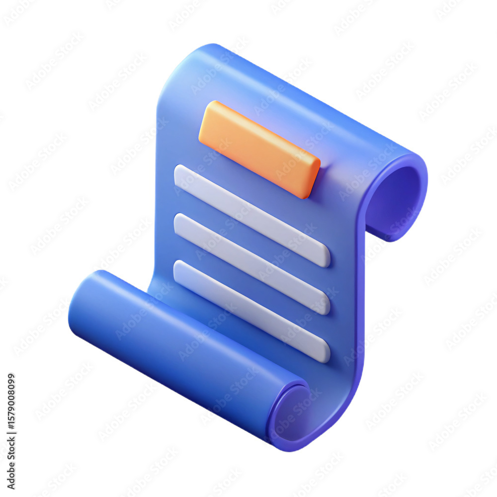 Poster isometric scroll document 3d icon with transparent background displaying a blue scroll with white li