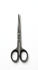 Obraz premium A pair of sharp, silver metal scissors with black handles, positioned upright on a clean white background. Essential tool for cutting. 