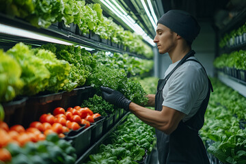 Man in apron tending to rows of leafy greens and tomatoes growing indoors under artificial lights in a vertical farm.