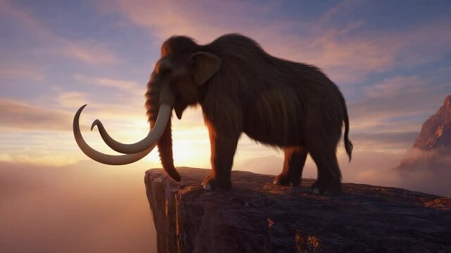 Woolly Mammoth on Cliff at Sunset