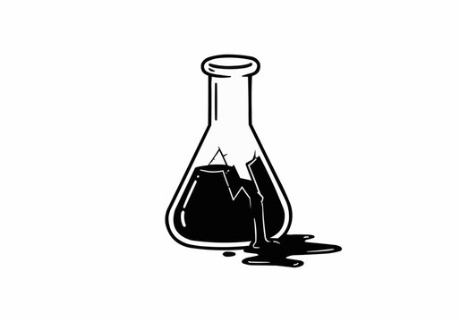 A broken beaker with a dark liquid spilling out onto a white surface in a black and white drawing style