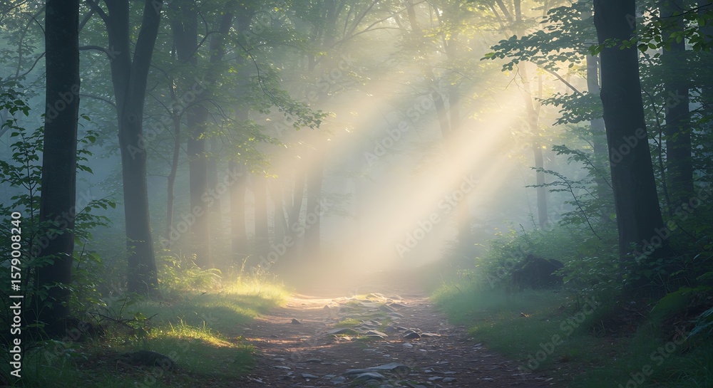 Poster atmospheric sun rays filter through dense green trees onto a forest path, creating a serene and myst
