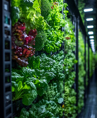 Lush vertical farm showcasing vibrant greens, lettuces, and broccoli thriving under controlled indoor lighting.