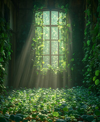 Sunlight streams through a window overgrown with vines in a decaying interior.