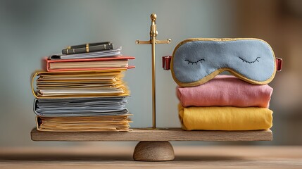 Balanced Scale Placed Between Two Stacks One Side With Office Folders, Planner, And A Stylus; The Other Side With A Journal, Sleep Mask, And Fitness Band. Background Should B