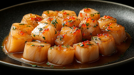 Pan-seared scallops, glistening sauce, red caviar garnish, elegant plating.