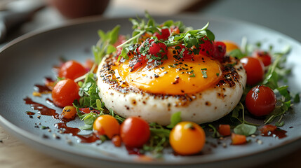 Close-up of a gourmet dish featuring a poached egg on a white base, garnished with microgreens, tomatoes, and a drizzle of sauce on a gray plate.
