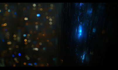 Glowing blue energy flows within a dark, rain-streaked surface, city lights blurred in the background.