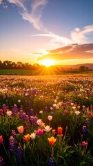 Fototapeta premium A vibrant field of wildflowers at sunset