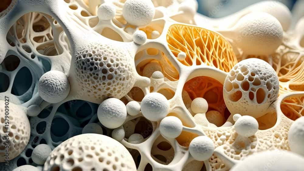 Poster intricate porous interconnected structures with spheres, abstract organic cellular network visualiza