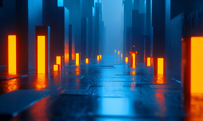 Abstract futuristic cityscape with glowing orange lights illuminating a dark blue, reflective surface, creating a sense of depth and mystery.