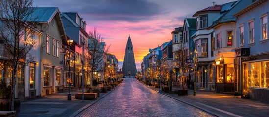 Naklejka premium Colorful Icelandic town street at twilight