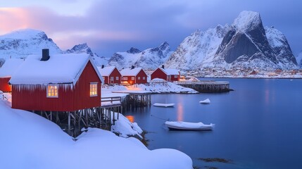 Red cabins on snow-covered fjord at dawn