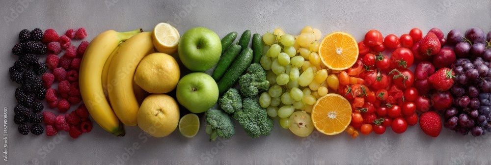 Aufkleber vibrant arrangement of fruits and vegetables creating a rainbow gradient from left to right with a c