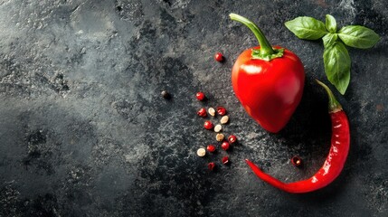 Red pepper, chili pepper, basil, spices on dark background