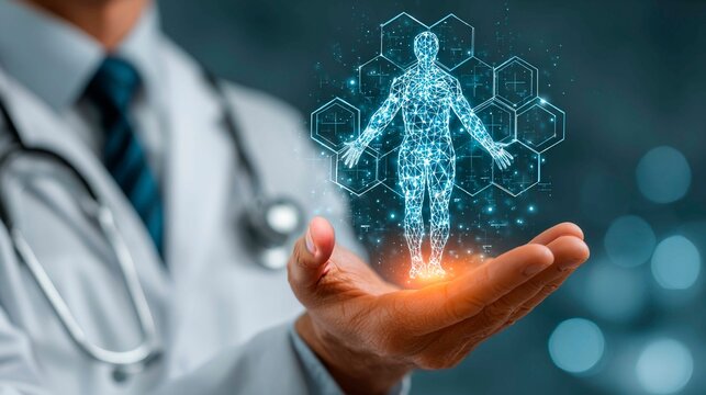 doctor in a white coat with a stethoscope on his neck, holding a holographic projection of a person. The concept of high-tech medicine, the role of a doctor in protecting patients' health.