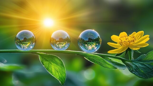 Morning Dewdrops and Buttercup: Three glistening dewdrops cling to a slender green stem, reflecting the sunrise and mirroring a vibrant yellow buttercup.  A serene image of early morning nature.