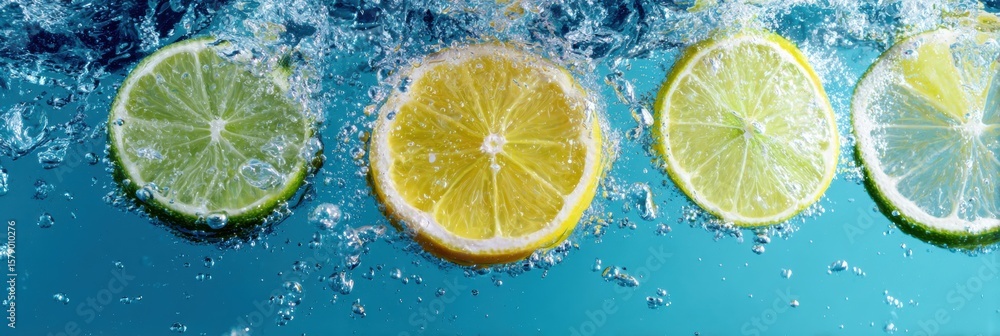 Poster floating citrus slices create an airy mood in a refreshing water splash for a vibrant message layout