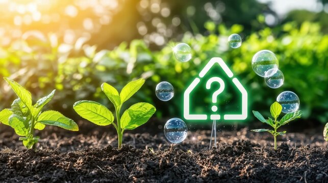New Beginnings in Green Environment: A verdant display of sprouting plants, symbolizing growth and renewal, is augmented by a luminous question mark, hinting at inquiry and the promise of life.&#x20;