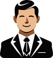 Minimalist flat design businessman portrait on a white background, Professional man in suit, ideal for corporate icon, Stylish cartoon avatar of a male business professional.
