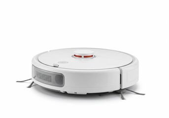 Fototapeta premium Modern white robotic vacuum cleaner with side brushes on a white background