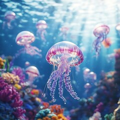 A graceful group of jellyfish glides through the crystal-clear blue ocean, surrounded by vibrant coral reefs, colorful fish, and diverse marine life, all illuminated by the shimmering sunlight above.