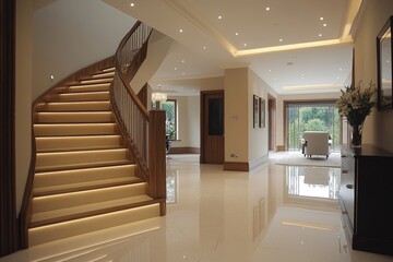 Hall interior design, providing a seamless transition into a well-lit, stylish space, Generative AI