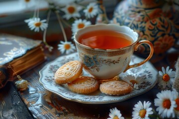 Fototapeta premium Teacup filled with black tea, accompanied by cookies and daisies, evokes a cozy and inviting atmosphere