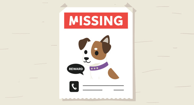A missing dog poster with a cartoon illustration of a lost pet and a reward offer