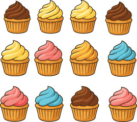 A cute and colorful set of 16 vector cupcakes in various frosting colors and styles. Ideal for bakery menus, children’s themes, party designs, and food-related prints.