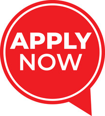 A speech bubble-style “Apply Now” tag in bright red for recruitment, job ads, websites, and application banners. Vector format for easy use in digital and print design.
