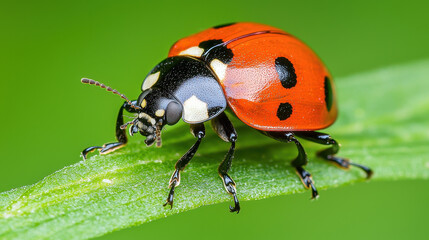 Fototapeta premium Macro shot of vibrant ladybug perched on green leaf, showcasing its striking red and black coloration. This captures beauty of nature
