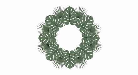 Palm Leaves Floral Border in circular green wreath of fan palm leaves for tropical holiday decoration