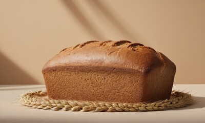 Freshly baked loaf of bread, decorated with wheat ears evoking rustic charm