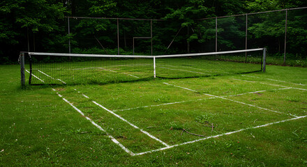 Naklejka premium An outdoor grass tennis court with white lines and a net, surrounded by green trees and a fence, ready for play. Sport and recreation. 