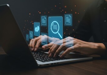 Obraz premium Conceptual Hand Typing on Laptop Searching Document with Magnifying Glass Illustration