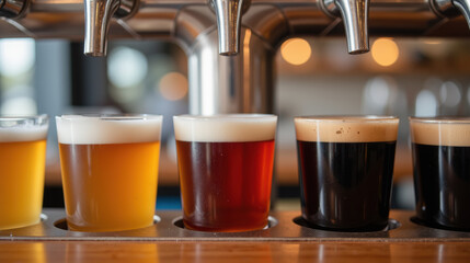 Craft beer tasting with various styles displayed in glasses, showcasing range of colors and textures. Enjoy rich flavors and aromas