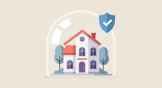 A protected house under a dome with a shield, symbolizing home insurance and security