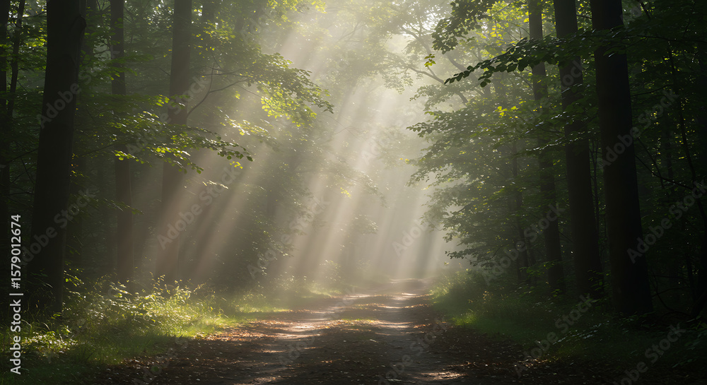 Poster atmospheric sun rays filter through dense green trees onto a forest path, creating a serene and myst