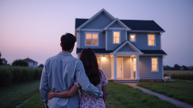 Couple stands together, embracing in front of cozy house at dusk, with warm lights glowing from windows, creating romantic atmosphere