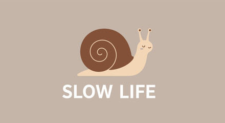 A cute cartoon snail with a brown shell reminds us to enjoy the slow life