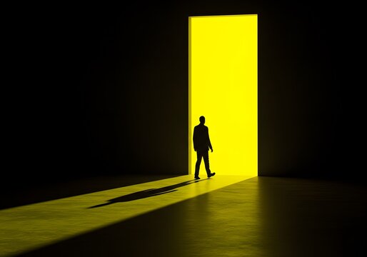 Silhouette of a man walking towards a bright yellow doorway in a dark room with a long shadow cast
