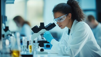 Focused scientist using microscope in lab