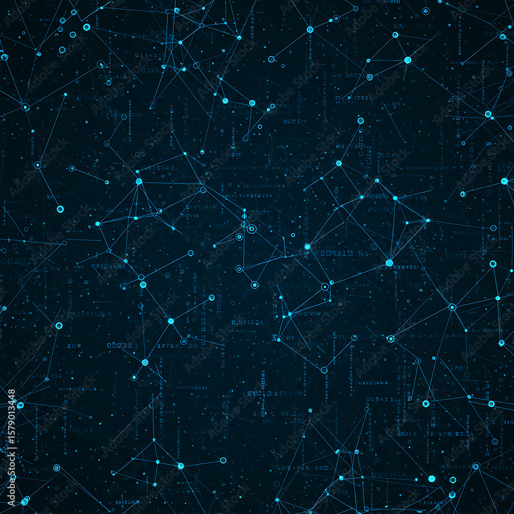 Poster abstract dark blue background displaying a complex network of interconnected lines and dots, symboli